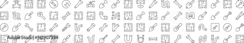 Repair and Renovation Line Icon Bundle. Modern Collection for Design, Web Sites, Apps, Cards. Contains Linear Images of Floor Plan, Shovel, Spanner, Pipe