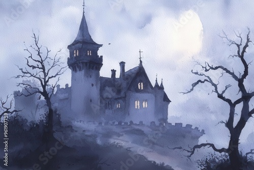 A haunting castle silhouetted against a misty moonlit night, evoking mystery and enchantment in a Gothic landscape.