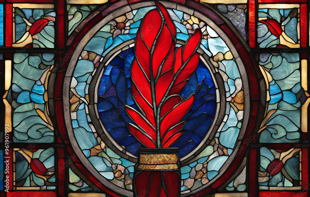 A colorful stained glass window with a blue background, Canticle of the Sun by Saint Francis of Assisi, stained glass window by Sieger Koder A colorful stained glass window with a blue background, Canticle of the Sun by Saint Francis of Assisi, stained glass window by Sieger Koder