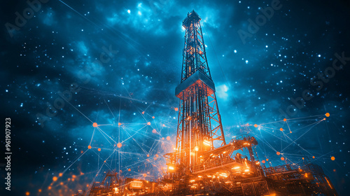Cosmic Drilling: Oil rig stands tall amidst a network of glowing lines, symbolizing the intersection of energy, technology, and the future.