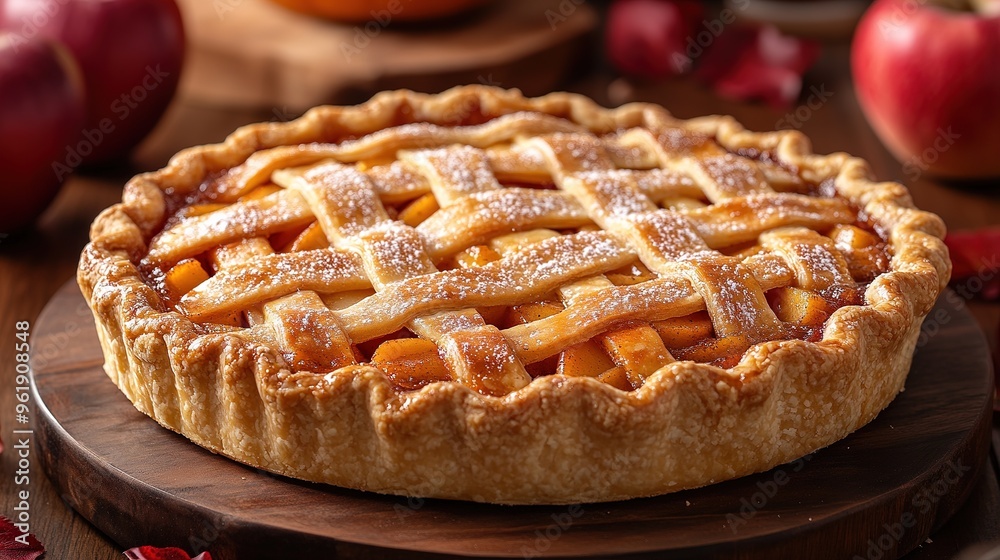Apple pie decorated with lattice overhead shot, fall baking concept Apple pie decorated with lattice overhead shot, fall baking concept