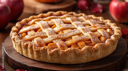 Apple pie decorated with lattice overhead shot, fall baking concept