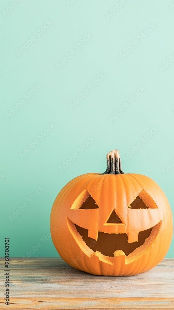 A pumpkin with a smiley face carved into it sits on a wooden table A pumpkin with a smiley face carved into it sits on a wooden table