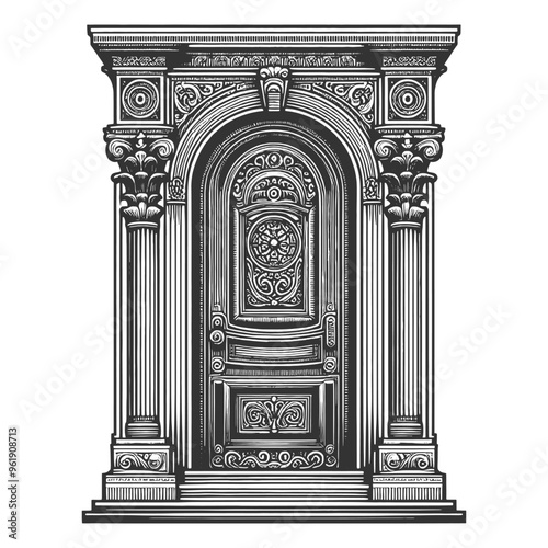 ornate door featuring classical architectural details, including columns and decorative carvings sketch engraving generative ai vector illustration. Scratch board imitation. Black and white image.