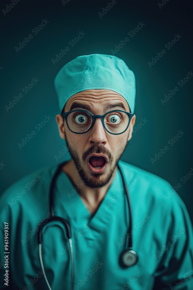 A young male doctor in scrubs and glasses with a shocked expression, displaying surprise or disbelief in a medical setting.
A young male doctor in scrubs and glasses with a shocked expression, displaying surprise or disbelief in a medical setting.