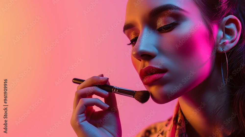 Fototapeta premium woman applying flawless makeup with a brush to her cheek, illuminated by pink and orange neon lights, isolated background, highlighting elegance and beauty care with detailed textures, high-resolution
