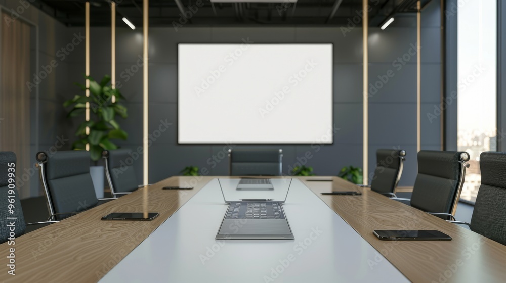 A minimalist conference room with a long wooden table, ergonomic chairs, and a large blank screen, set in a sleek, professional environment. A minimalist conference room with a long wooden table, ergonomic chairs, and a large blank screen, set in a sleek, professional environment.