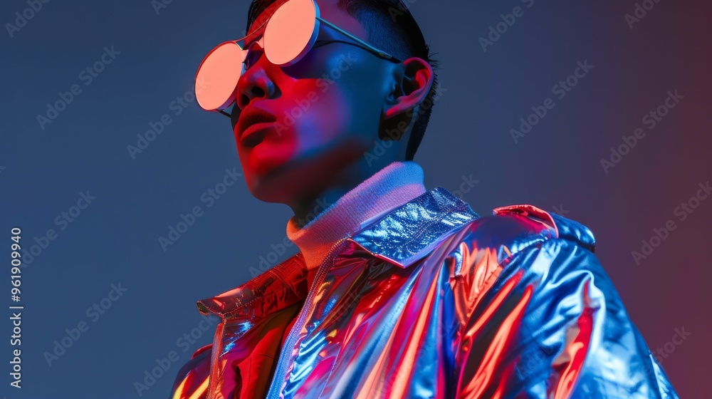 Stylish individual in a shiny jacket with red and blue lighting, exuding a futuristic and confident vibe. Stylish individual in a shiny jacket with red and blue lighting, exuding a futuristic and confident vibe.