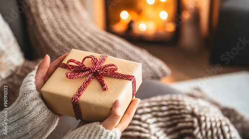 Hands Presenting a Gift Box in a Cozy Setting: Two hands offering a beautifully wrapped gift box, with a cozy, warm living room background.
