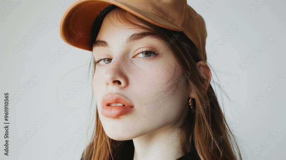 Portrait of a young woman with captivating green eyes wearing a tan cap, exuding confidence and style in a minimalist setting. Portrait of a young woman with captivating green eyes wearing a tan cap, exuding confidence and style in a minimalist setting.