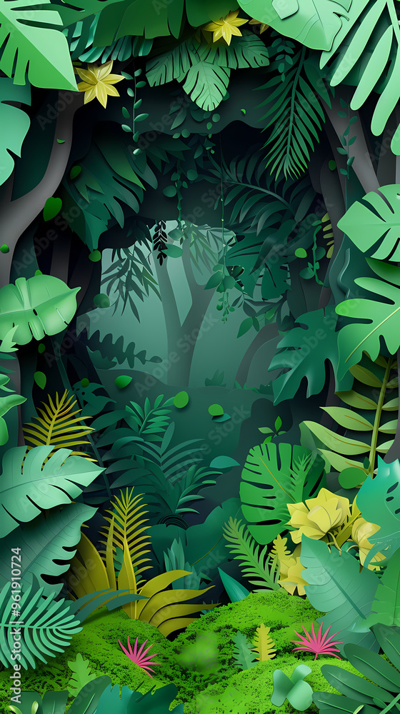 Naklejka premium Tropical rainforest with trees and moss in paper cute style