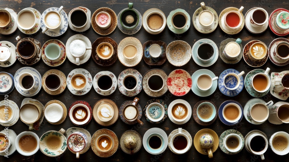 An array of coffee cups meticulously arranged upon a tabletop presents a captivating display, beckoning patrons to savor a comforting brew from its enticing collection. An array of coffee cups meticulously arranged upon a tabletop presents a captivating display, beckoning patrons to savor a comforting brew from its enticing collection.