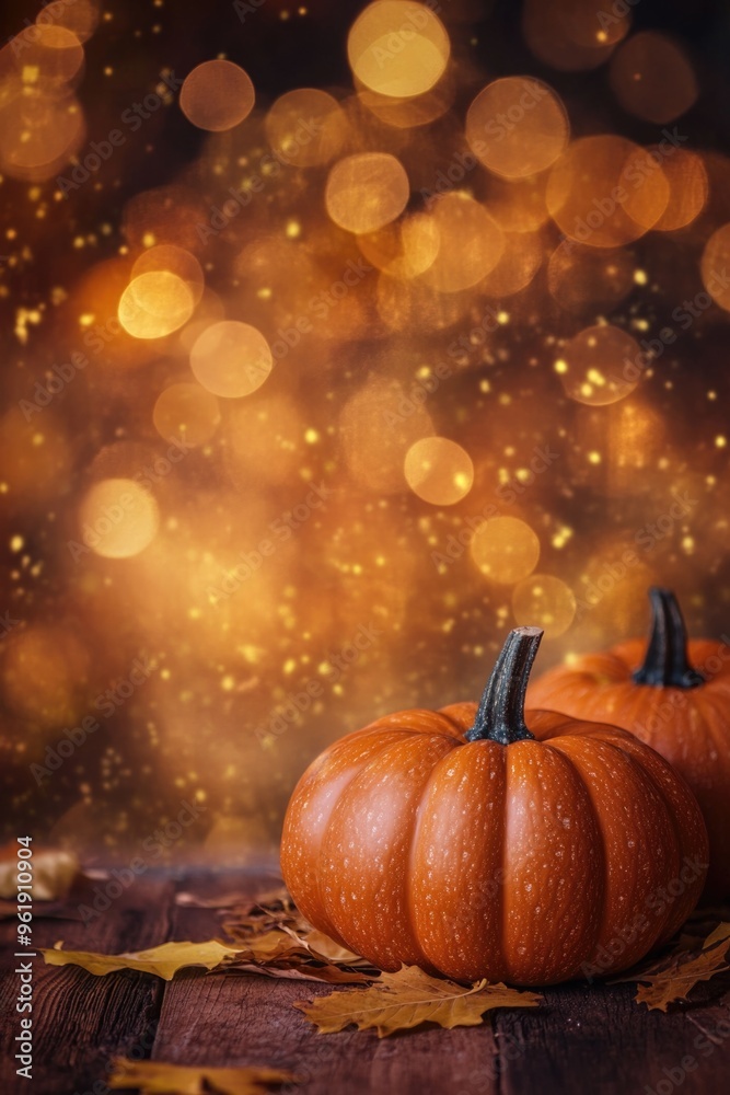 Two pumpkins are sitting on a wooden table with leaves scattered around them Two pumpkins are sitting on a wooden table with leaves scattered around them