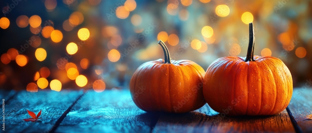 Two pumpkins are sitting on a wooden table Two pumpkins are sitting on a wooden table