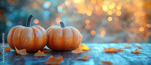 Two pumpkins are on a table with leaves and snowflakes photo