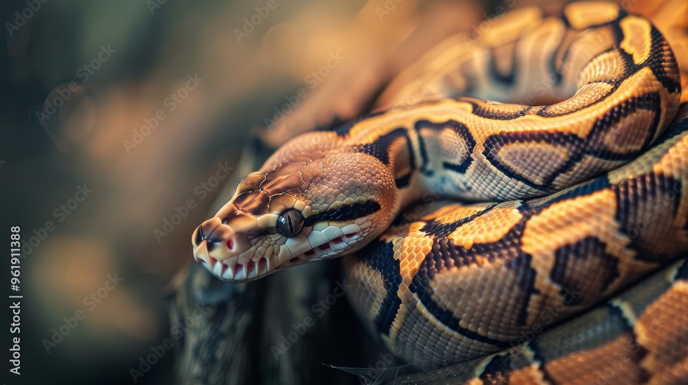Fototapeta premium A close-up of a beautifully patterned ball python, coiled gracefully, capturing the snake's intricate details and vibrant colors.