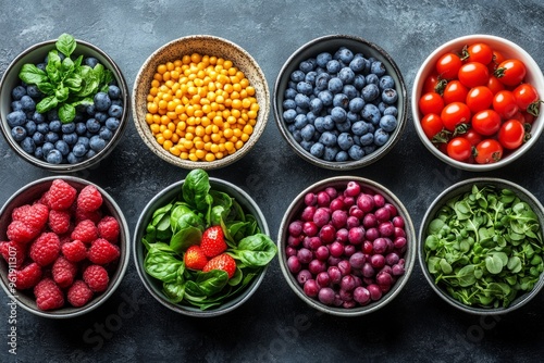 Variety of fresh organic berries in bowls on dark background. Top view