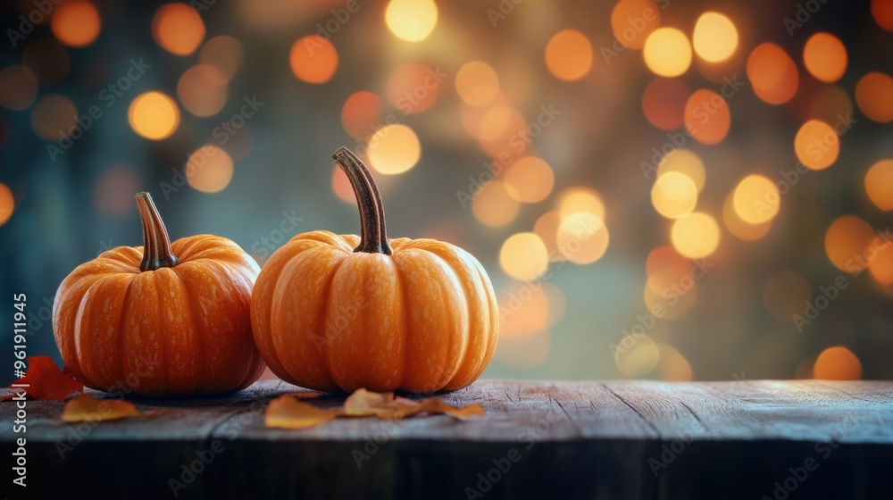 Two pumpkins on a wooden table with leaves on the ground