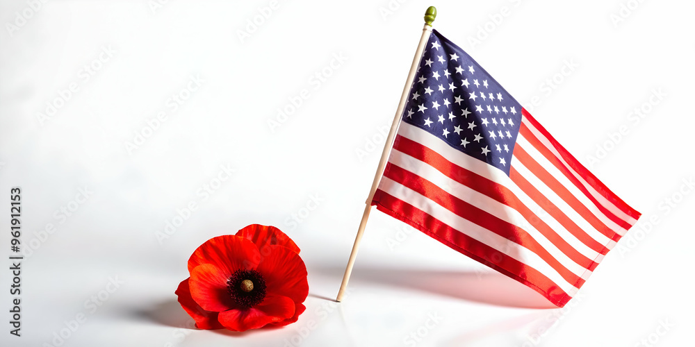 Obraz premium Flat Poppy and Folded American Flag Floating in Peaceful Tribute to Veterans Day - Serene Vector Illustration for Remembrance
