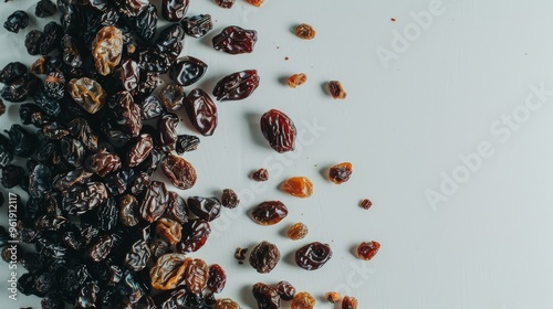 A close-up of a variety of dried raisins scattered artistically on a light surface, showcasing their rich textures and colors.