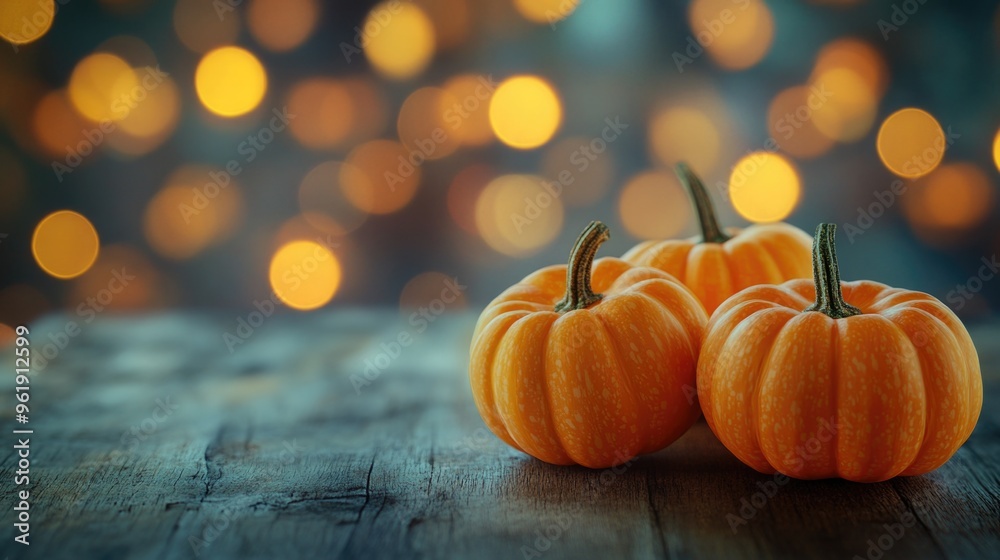 Three orange pumpkins are sitting on a wooden table Three orange pumpkins are sitting on a wooden table
