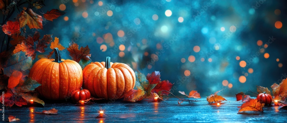 A blue background with two orange pumpkins and some leaves A blue background with two orange pumpkins and some leaves