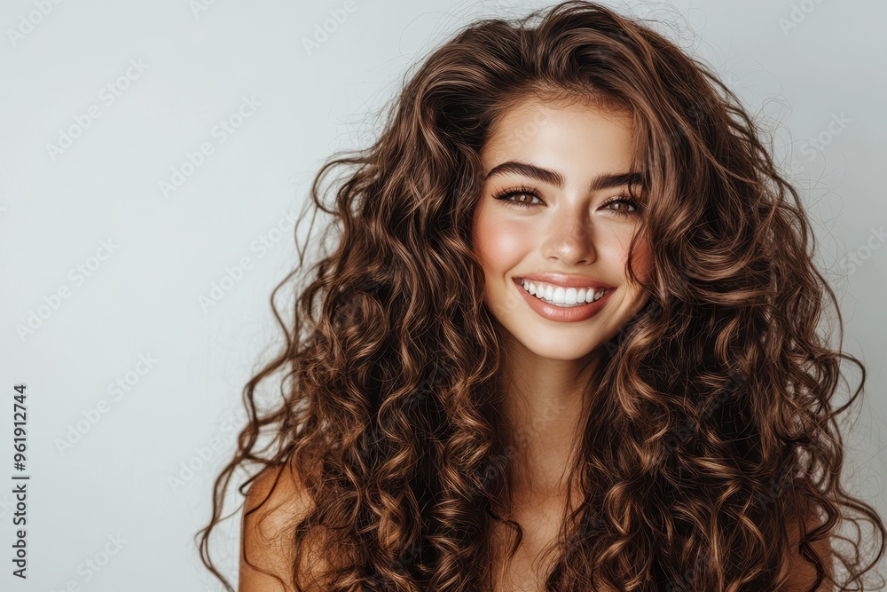 Stunning brunette model with long curly hair smiling and showcasing wavy curls Fashion beauty and makeup portrait Stunning brunette model with long curly hair smiling and showcasing wavy curls Fashion beauty and makeup portrait