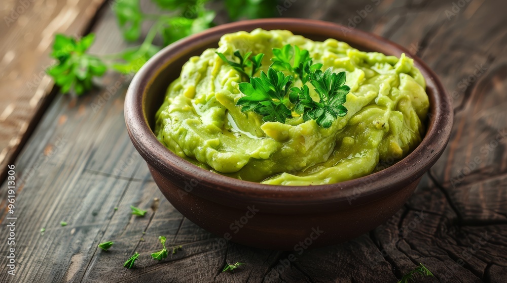 A bowl of freshly made guacamole garnished with parsley, sitting on a rustic wooden table, highlighting the vibrant, wholesome flavors. A bowl of freshly made guacamole garnished with parsley, sitting on a rustic wooden table, highlighting the vibrant, wholesome flavors.