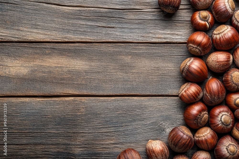 Overhead view of chestnuts on rustic wood with space for text Overhead view of chestnuts on rustic wood with space for text