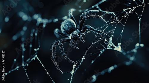 Black spider and torn web Scary spiderweb of halloween symbol
