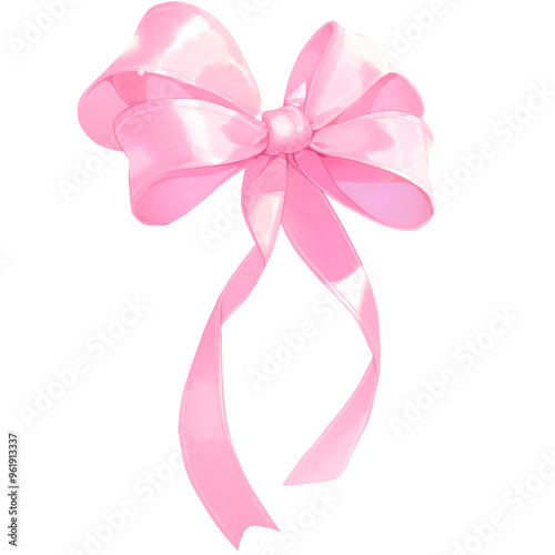 Glossy Pink Ribbon Bow with Long Tails in Watercolor.