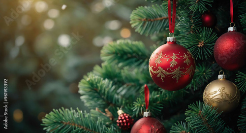 Christmas ornaments hanging on evergreen branches background