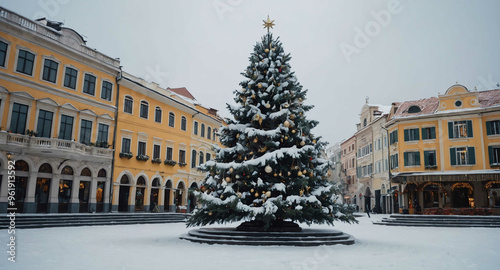 Christmas tree in snow covered town square background photo