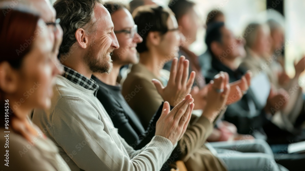 A cheerful group of people in an auditorium applauding, capturing the lively atmosphere and community spirit at a public event. A cheerful group of people in an auditorium applauding, capturing the lively atmosphere and community spirit at a public event.