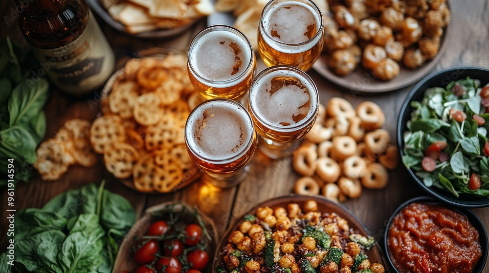 A vibrant assortment of snacks and craft beer arranged on a rustic wooden table for a lively gathering A vibrant assortment of snacks and craft beer arranged on a rustic wooden table for a lively gathering