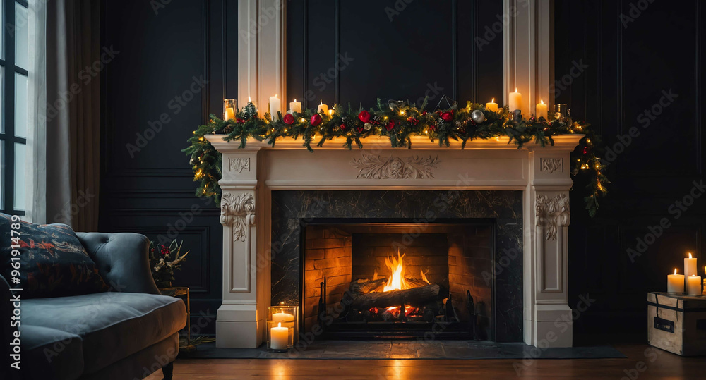 Cozy fireplace with stockings and garland background Cozy fireplace with stockings and garland background