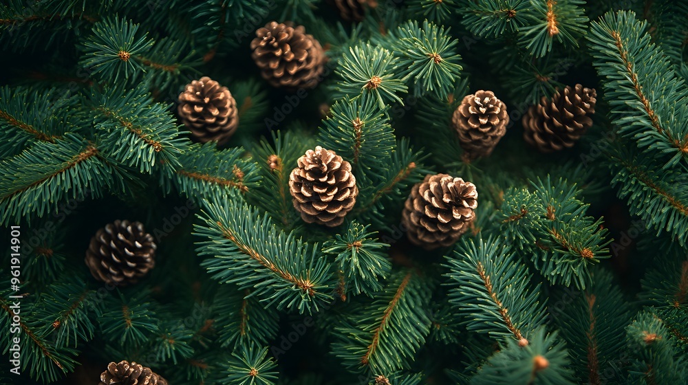 Close-up of evergreen pine branches, vibrant green needles, dense foliage, pine cones scattered throughout, dark background, high detail, nature photography. Close-up of evergreen pine branches, vibrant green needles, dense foliage, pine cones scattered throughout, dark background, high detail, nature photography.