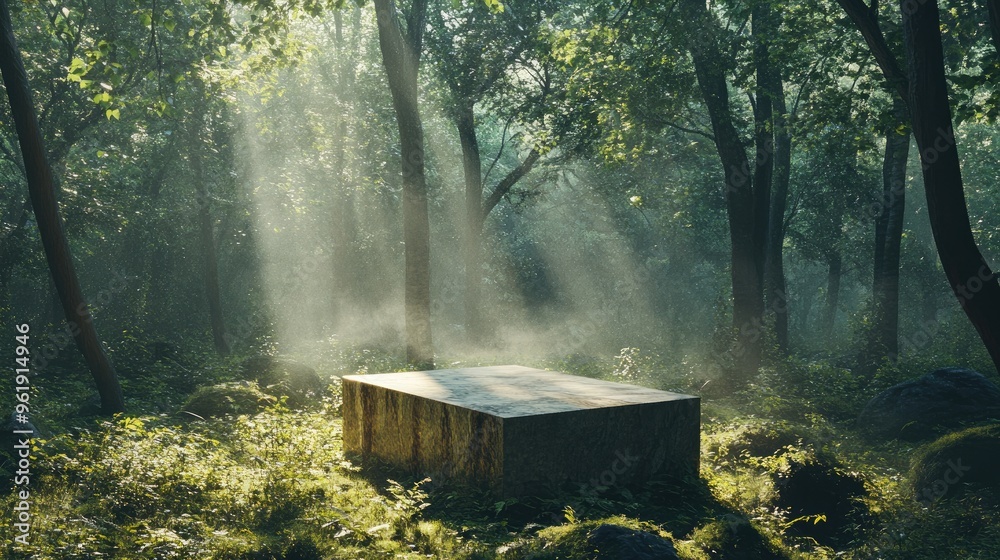 A stone podium nestled in a dense forest, sunlight filtering through the trees, a serene natural setting for product display A stone podium nestled in a dense forest, sunlight filtering through the trees, a serene natural setting for product display