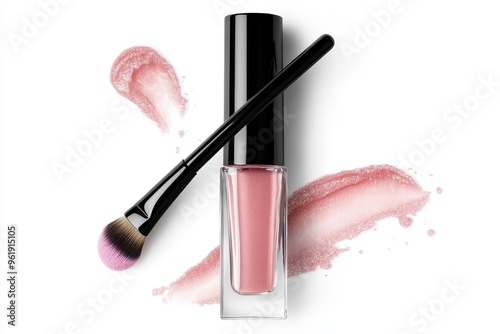 Pale pink lip gloss in glass container with black lid brush and sample on white background clipping path included