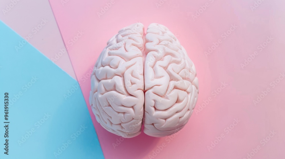 A detailed anatomical model of a brain split into two hemispheres, set against a pastel blue and pink background, showcasing the intricacy of human anatomy. A detailed anatomical model of a brain split into two hemispheres, set against a pastel blue and pink background, showcasing the intricacy of human anatomy.