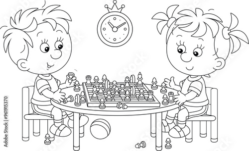 Little boy and girl sitting at the small table and playing chess, black and white vector cartoon illustration for a coloring book