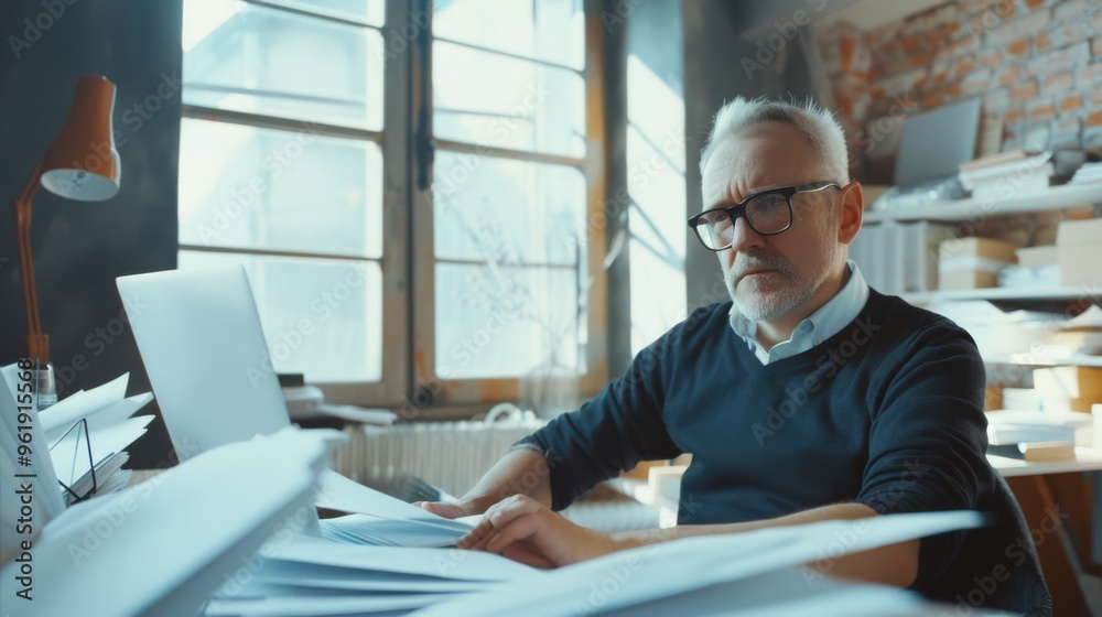 Thoughtful man absorbed in paperwork at a cluttered desk, bathed in soft natural light, embodying a scene of focused intellectual work and productivity. Thoughtful man absorbed in paperwork at a cluttered desk, bathed in soft natural light, embodying a scene of focused intellectual work and productivity.