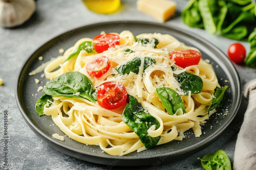 Pasta with spinach tomatoes and cheese on plate in studio Pasta with spinach tomatoes and cheese on plate in studio