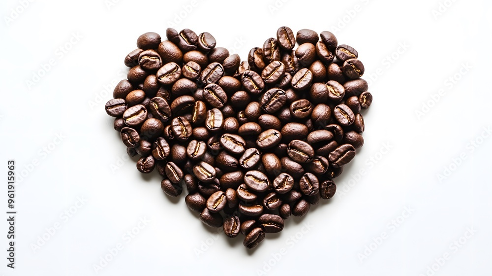 Coffee beans arranged in a heart shape, aerial view, white background, high contrast, macro photography, roasted coffee beans, circular pattern, negative space in center.