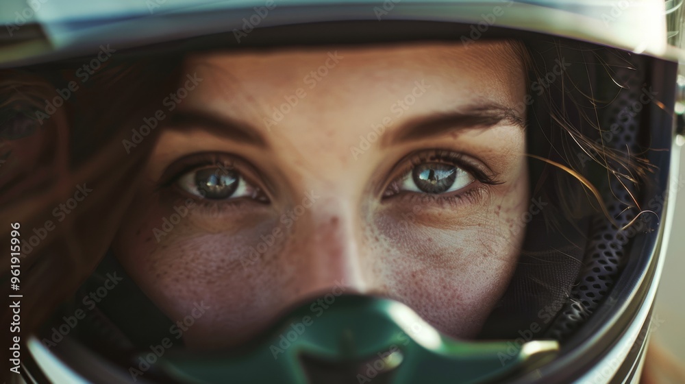 Intense gaze of a person wearing a motorcycle helmet, highlighting the thrill and focus of biking through their eyes.