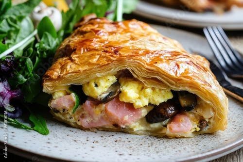 Pastry with eggs salad and mushrooms photo