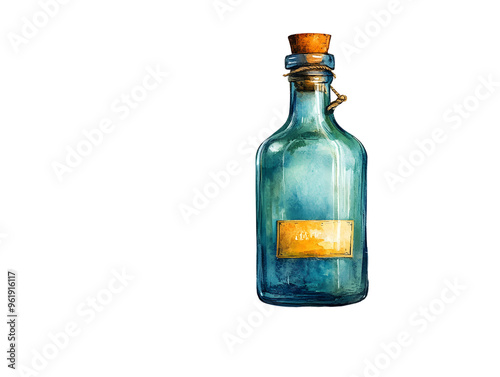 Watercolor illustration of a blue glass bottle with cork and label