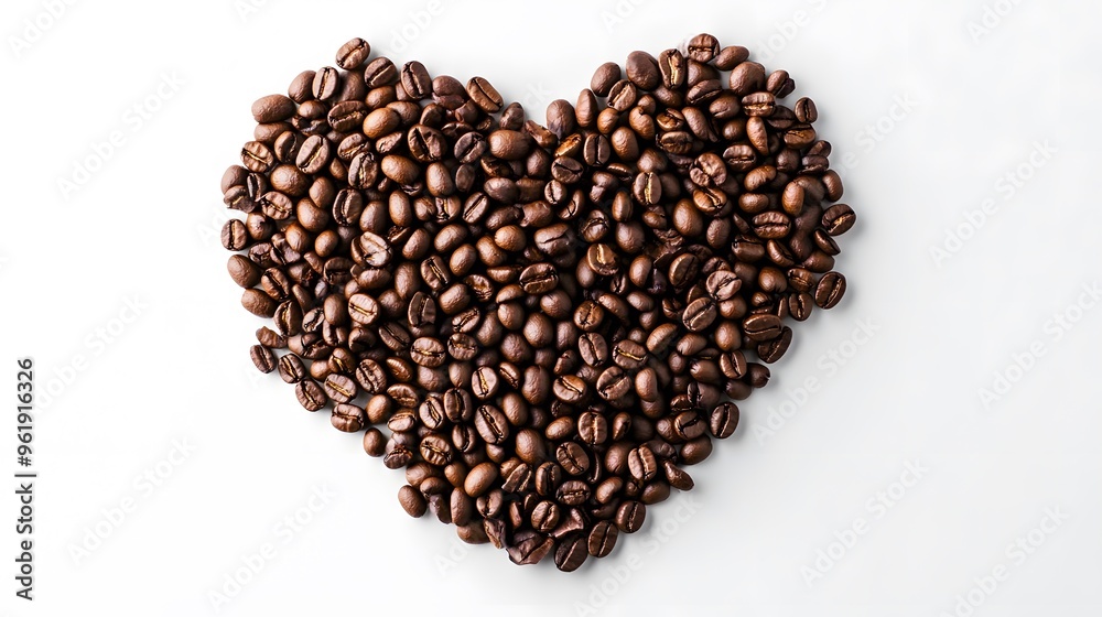 Coffee beans arranged in a heart shape, aerial view, white background, high contrast, macro photography, roasted coffee beans, circular pattern, negative space in center. Coffee beans arranged in a heart shape, aerial view, white background, high contrast, macro photography, roasted coffee beans, circular pattern, negative space in center.