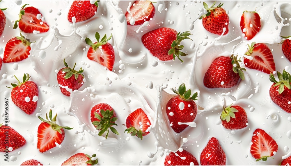photo of strawberries dropping into splashes of cream milk on a white background, emphasizing photo of strawberries dropping into splashes of cream milk on a white background, emphasizing
