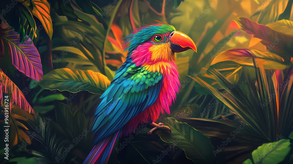 Obraz premium Generate a colorful digital illustration of a tropical bird with iridescent feathers in a lush jungle setting. Lush Jungle. Illustration